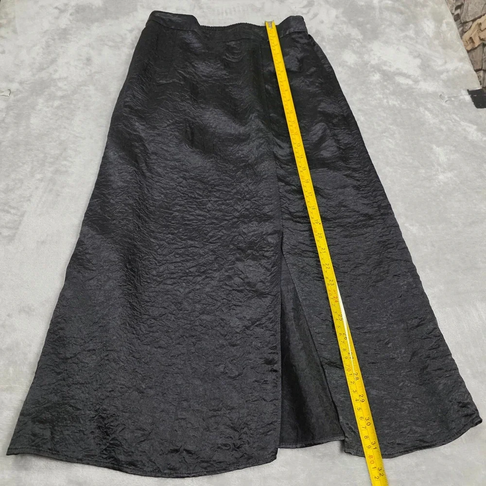 High Waisted Pencil Midi Skirt Textured Crinkle Front Slit Women XL Black GOOD